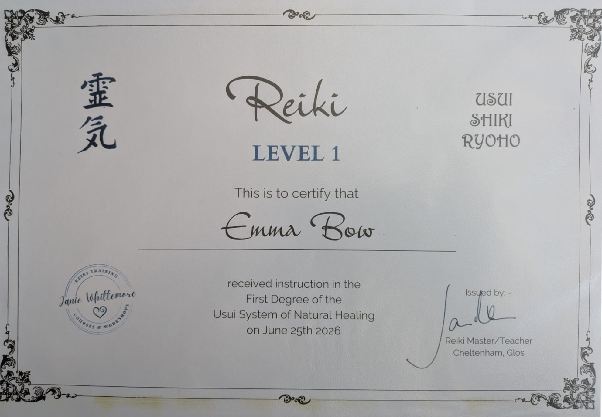 Reiki Level 1 Certificate